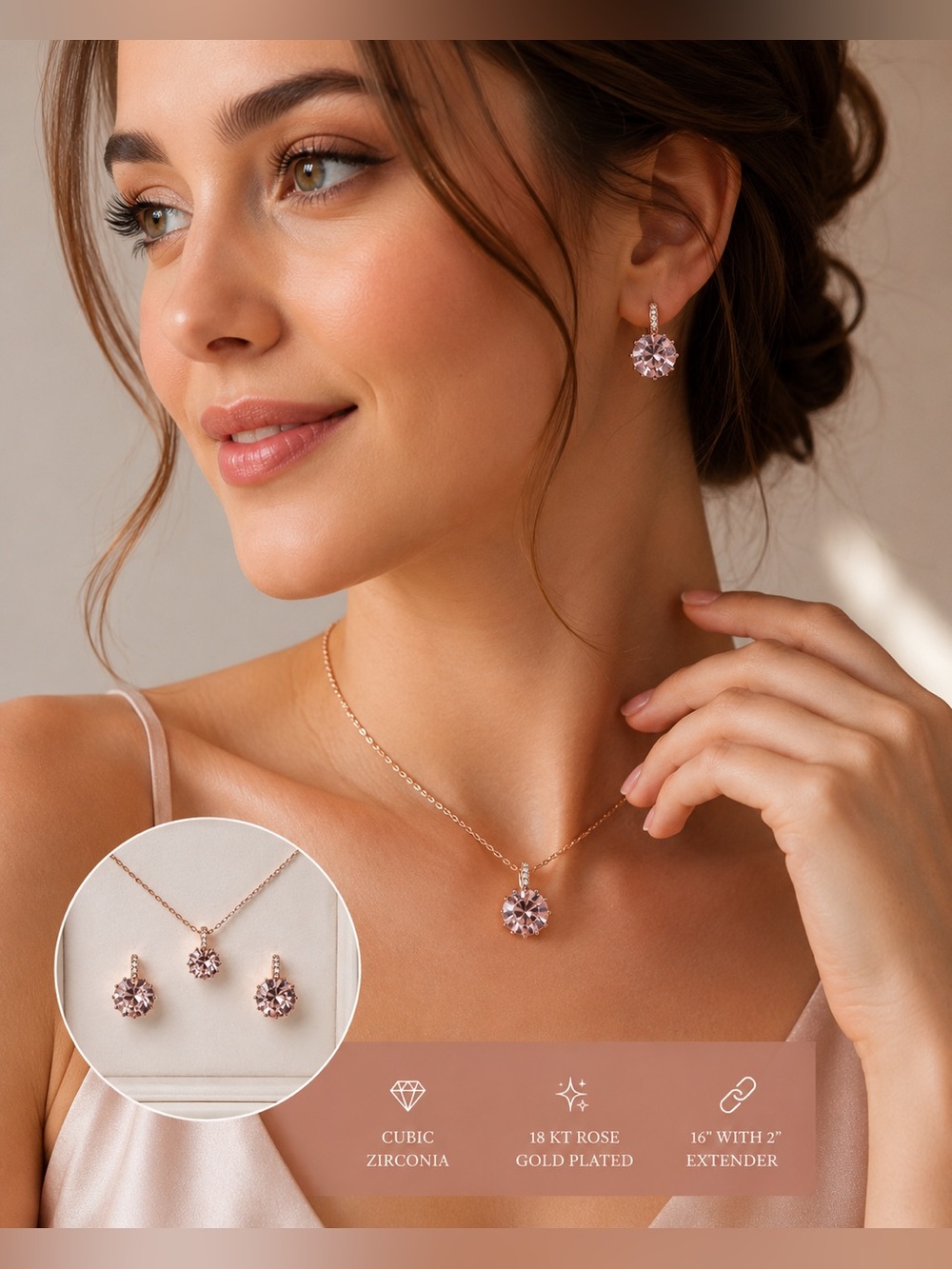 Sparkle Allure Rose Gold Pink Cubic Zirconia Necklace and Earring Set